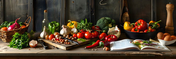 Rustic Home Kitchen Scene Displaying Fresh Ingredients and Oven-Ready Food Preparations