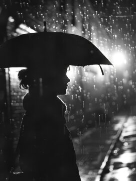 Monochrome silhouette of a child in the rain - Black and white silhouette of a young child under an umbrella in the rain, evoking nostalgia and innocence