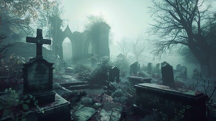 Foggy graveyard with moonlight, old buildings, trees, and water under a night sky with stars and clouds