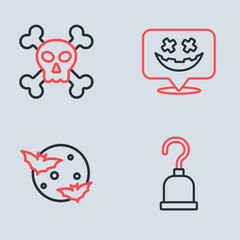 Set line Happy Halloween holiday, Moon and stars, Pirate hook and Skull crossbones icon. Vector