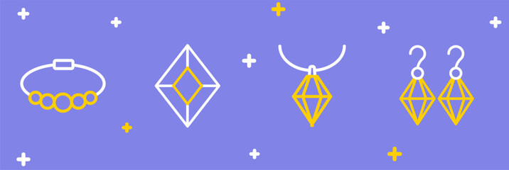 Set line Earrings, Pendant on necklace, Gem stone and Bracelet jewelry icon. Vector