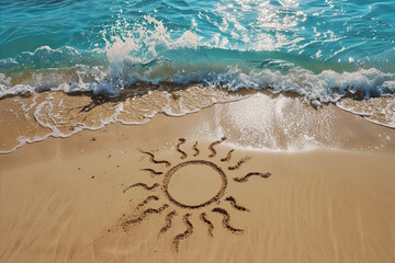 Summer beach with a sun drawn in the sand. Holidays and vacation background - 785388491