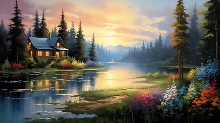 A serene lake scene, with a charming wooden cabin nestled amidst lush greenery, framed by a riot of colorful flowers in full bloom, mirrored perfectly in the calm waters at dawn. - obrazy, fototapety, plakaty