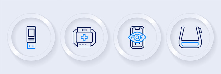 Set line Smart glasses on spectacles, Computer vision, First aid kit and USB flash drive icon. Vector