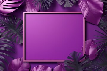 Purple frame background, tropical leaves and plants around the purple rectangle in the middle of the photo with space for text