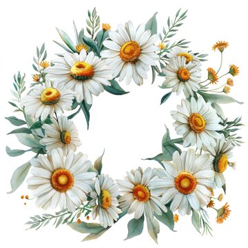 April Daisy Wreath A playful arrangement of watercolor daisies in a wreath embodying purity