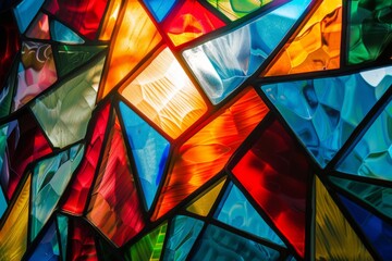 Vibrant stained glass patterns close-up - This image showcases a close-up of colorful stained glass pieces, creating a vibrant and eye-catching mosaic - obrazy, fototapety, plakaty