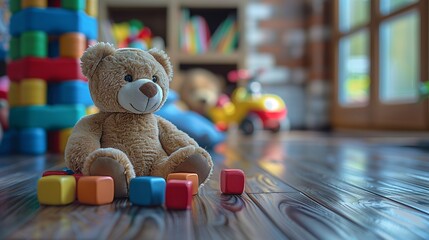 Stuffed toy Teddy bear sits by blocks on wooden floor in room