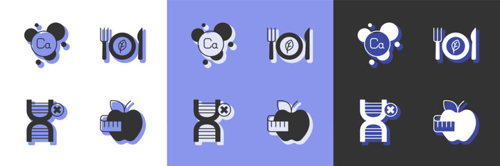 Set Apple and measuring tape, Calcium, No GMO and Vegan food diet icon. Vector