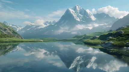 Lake nestled in mountain scenery, reflecting sky, clouds, and lush greenery