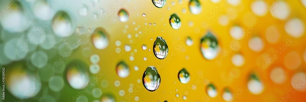 Poster macro close up of colorful water droplets on wet surface, abstract background texture