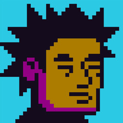 Obraz premium 8-bit boy, avatar pixel male character, cartoon vector icon, young asian man face, game user or web profile person, people, social net portrait, minimalistic fashion, background.