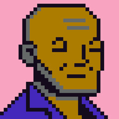 Obraz premium Avatar pixel asian male character, bald adult man, social net portrait, cartoon icon, game user or web profile person, people, 8-bit guy face, minimalistic vector crypto art illustration