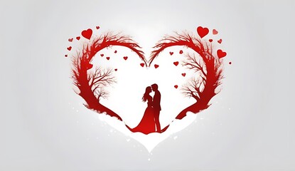 Red Silihoutee couple with hearts - obrazy, fototapety, plakaty