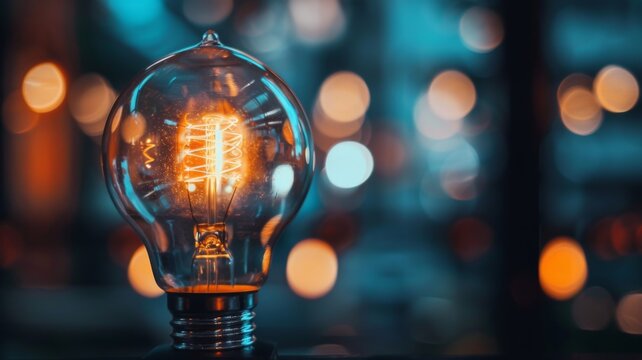 Illuminated filament light bulb close-up - A close-up shot of a classic filament light bulb against a blurred urban backdrop highlighting its intricate design