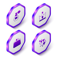 Set Isometric Perfume, King crown, Handbag and Diamond icon. Purple hexagon button. Vector