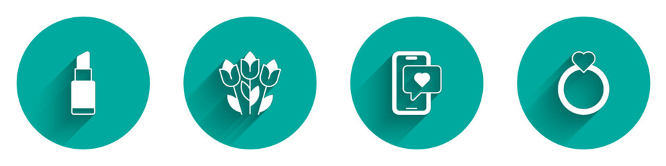 Obraz premium Set Lipstick, Flower tulip, Mobile with heart and Diamond engagement ring icon with long shadow. Vector