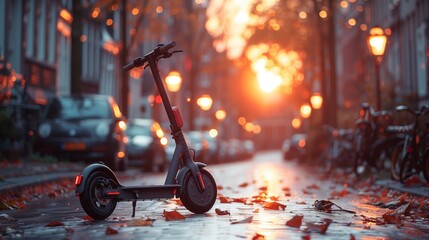 An electric scooter rests on the city street side