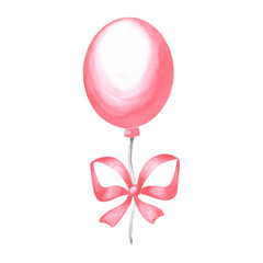 Helium balloon with bow pink. Watercolor hand drawn illustration. Template of festive accessories for birthday and kids party decoration. Isolated clip art for card, invitation, print, scrapbooking.