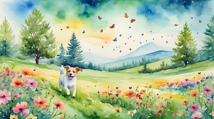 Cute dog runing in the green field with flower blossom and butterflies watercolor painting style, generative AI