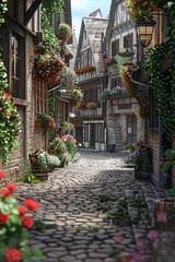 Charming Cobblestone Street: Historic Buildings and Flower Baskets