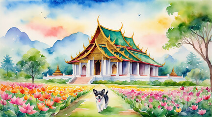 Scenic of Traditional Thai temple and cute dog with flower blossom in watercolor painting style, generative AI - obrazy, fototapety, plakaty