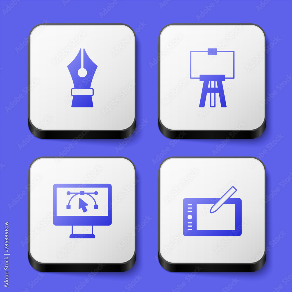 Poster set fountain pen nib, wood easel, computer with design program and graphic tablet icon. white square