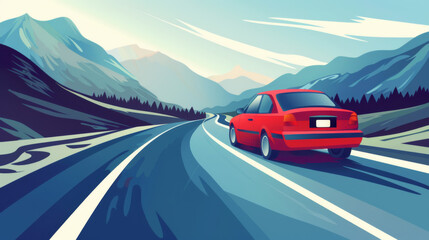 Fototapeta premium Artistic depiction of a red car cruising on a curved mountain road with scenic landscape backdrop.