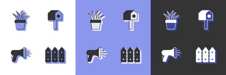 Set Garden fence wooden, Plant in pot, hose and Bird house icon. Vector