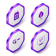Set Isometric Pack full of seeds, Tree, Leaf garden blower and icon. Purple hexagon button. Vector
