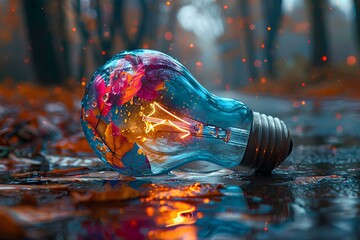 A light bulb with a colorful light inside of it on a wet surface with water droplets around it and - Powered by Adobe