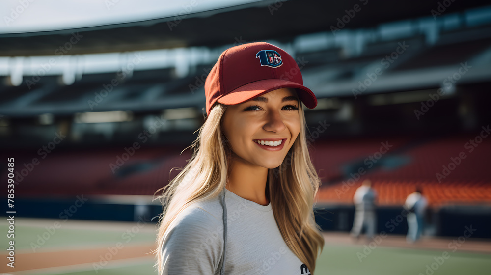 Wall mural beautiful teenage girl model in a baseball stadium wearing red bomber jacket, hipster rounded glasses and blue cap