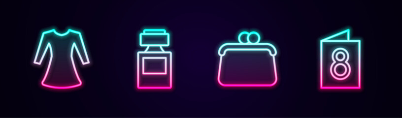 Set line Woman dress, Perfume, Handbag and Greeting card with 8 March. Glowing neon icon. Vector