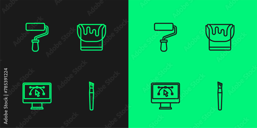 Poster set line paint brush, computer with design program, roller and bucket icon. vector