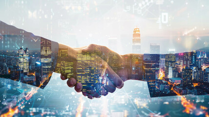 Double exposure of business handshake of successful business people