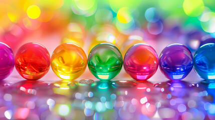 Colorful marbles in a row on sparkling background with rainbow light effects. Closeup. Web banner with empty space for text. Product shot.