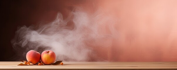 peach background with a wooden table and smoke. Space for product presentation, studio shot, photorealistic