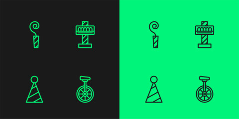 Set line Unicycle, Party hat, Birthday party horn and Attraction carousel icon. Vector