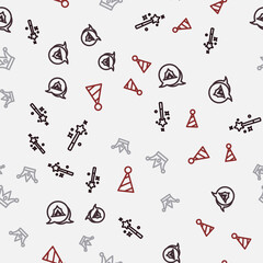 Set line Magic wand, Circus tent, Jester hat with bells and Party on seamless pattern. Vector