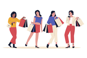 Obraz premium Group women who enjoy shopping. Illustration for websites, landing pages, mobile apps, posters and banners.