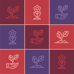 Set line Sprout, Leaf in hand and Flower icon. Vector