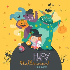 Cute girl with funny monsters. Halloween party