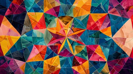 Colorful geometric triangles abstract background with seamless texture, 3D shapes, and vibrant hues, inspired by mathematical concepts and diamond motifs