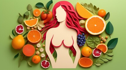 Fototapeta na wymiar Beautiful woman with fresh fruits, healthy food. Paper cut style background.