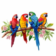 Four colorful parrots are perched on a branch