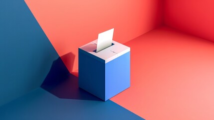 Minimalist Isometric Digital Art of a Ballot Box with Voting Paper, Signifying Order in Chaos in Democracy Concept.