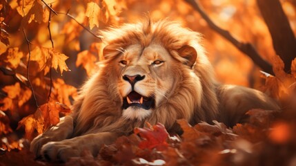 Portrait of happy lion rejoices in autumn.
