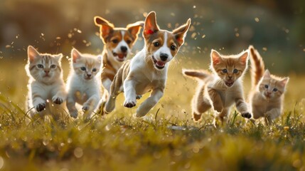 Group of puppies running in a field - obrazy, fototapety, plakaty