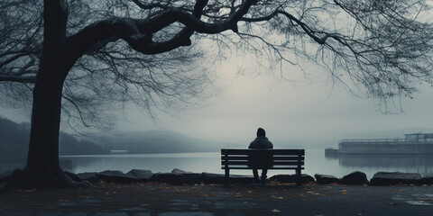 Solitary Figure Seated on a Bench Overlooking a Foggy Lake. Lonely Man Concept. Generative AI