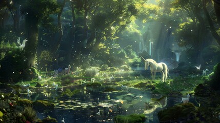 Bubbling world map amidst lush greenery, trees, and a serene pond reflects the sky and underwater life, depicting a harmonious natural scene